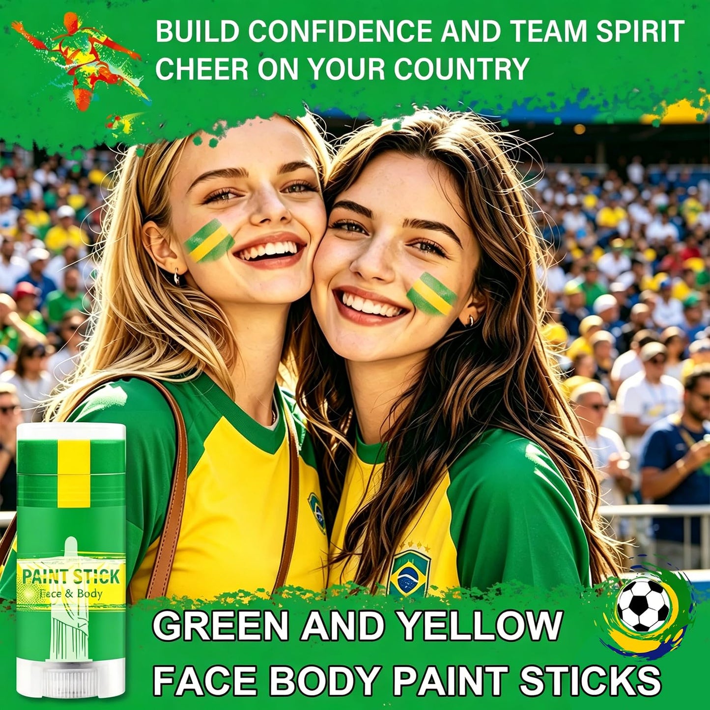 Brazil Face Paint Stick - Sweatproof High Pigment Sports Body Paint for Football, Rugby, Softball | Green & Yellow