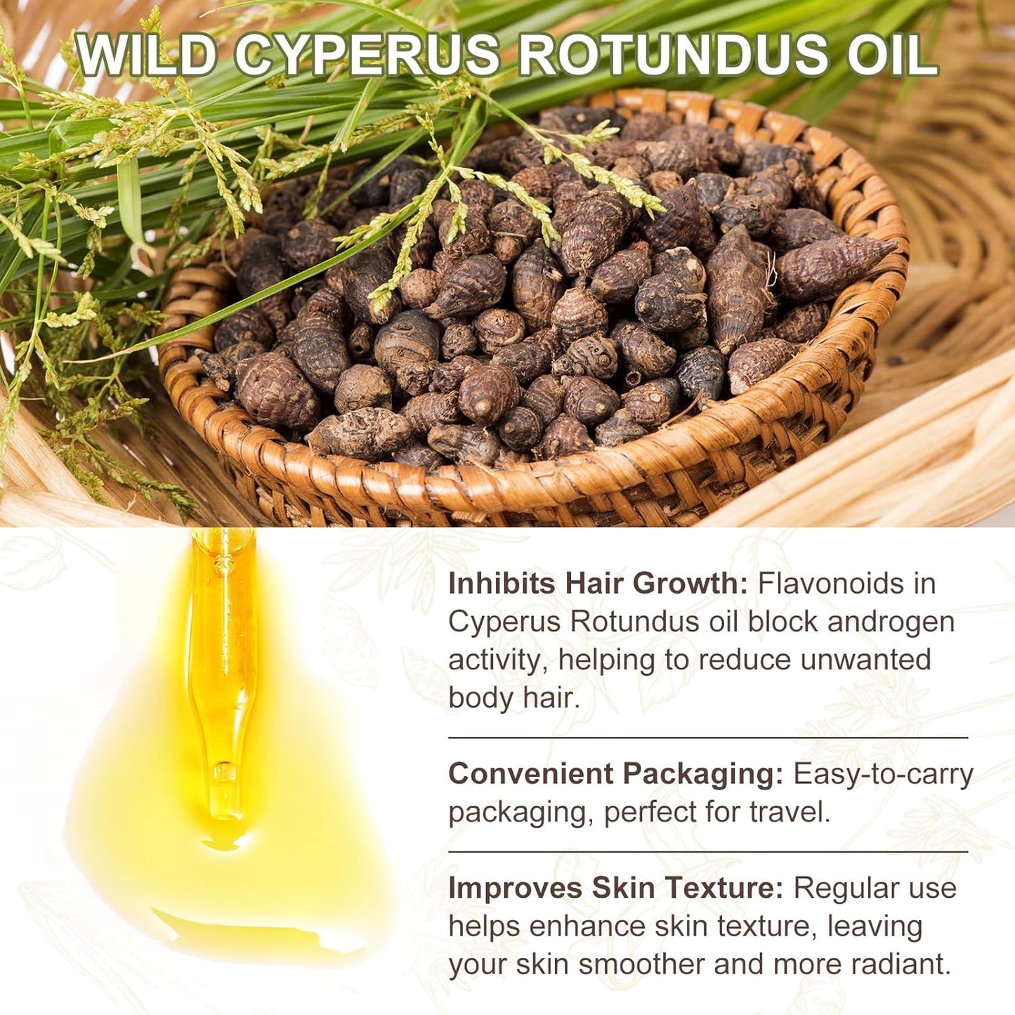 Natural Cyperus Rotundus Oil for Hair Removal - Reduces Unwanted Hair Growth | Suitable for All Skin Types