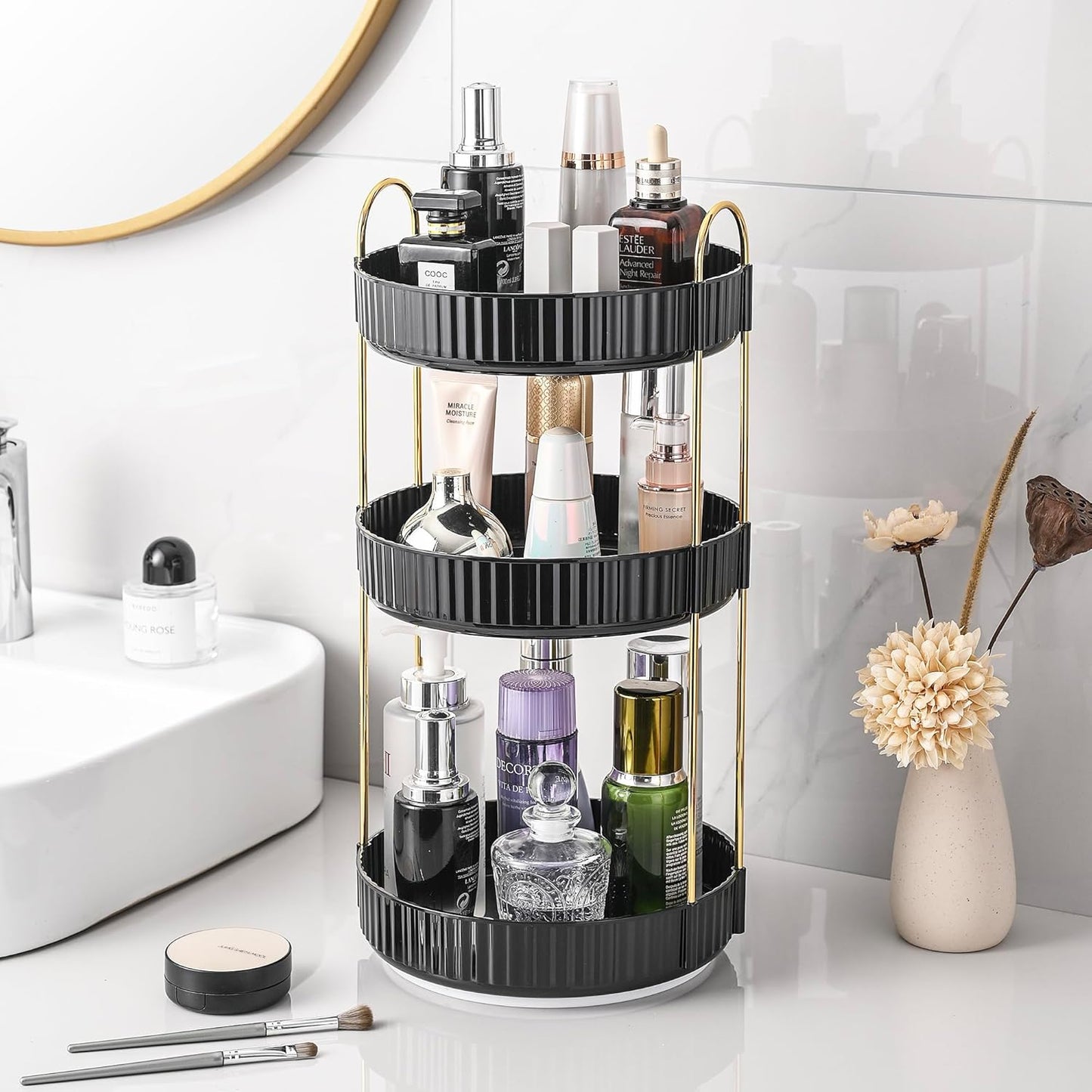Rotating Makeup Organizer - 3 Tier Clear Cosmetic Holder for Vanity | Grey Perfume & Skincare Storage