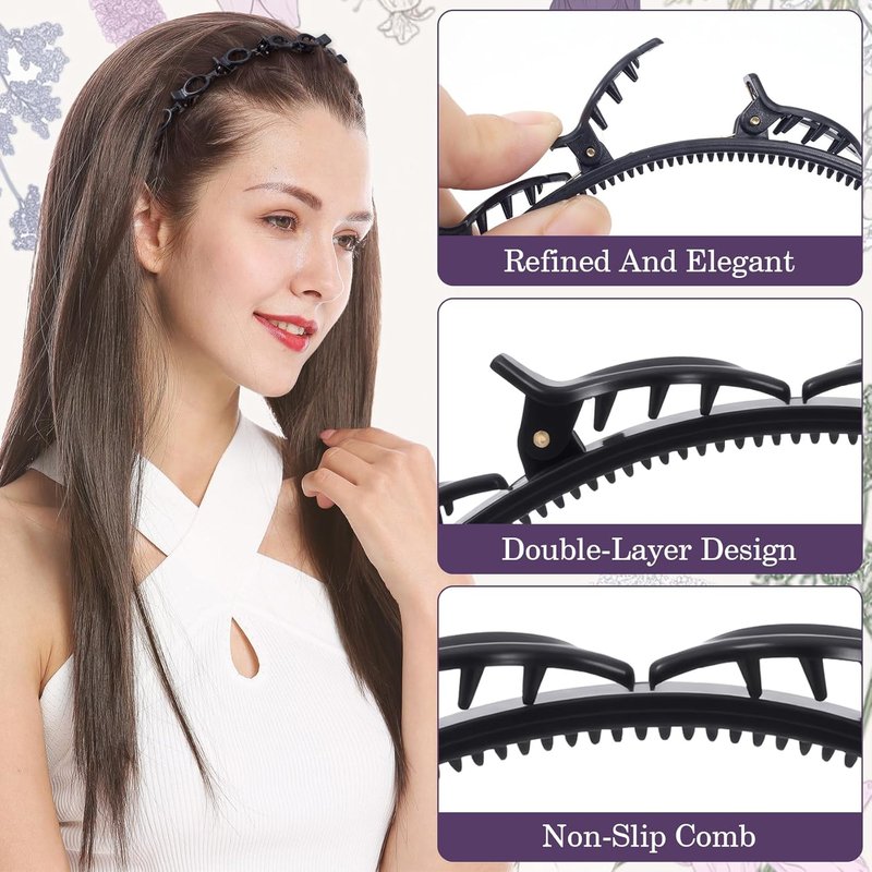 Butterfly Hair Clips Headband Set - 2 Pcs with 8 Non-Slip Clips for Women | Black & Brown