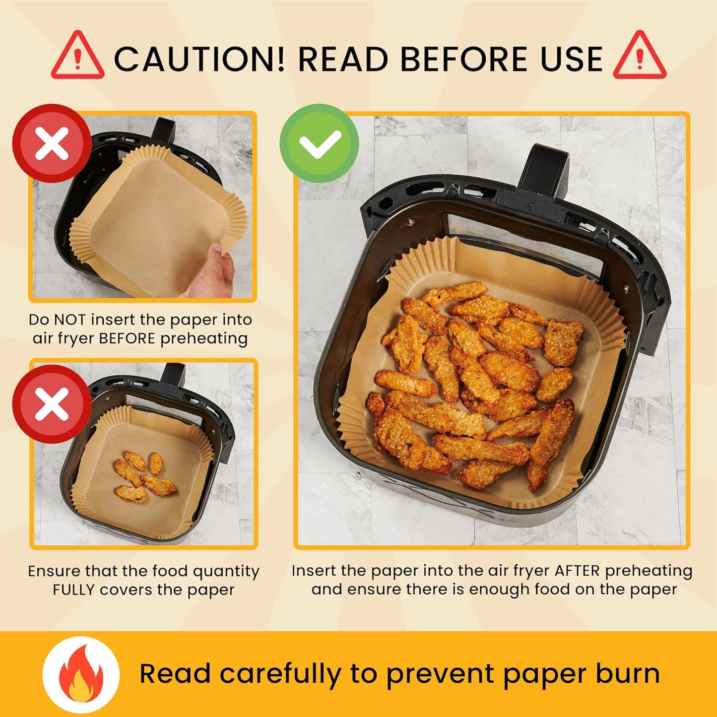 Air Fryer Paper Liners - 125 Pcs Non-Stick Disposable Liners | 8” Square for 5-8 Qt Baskets