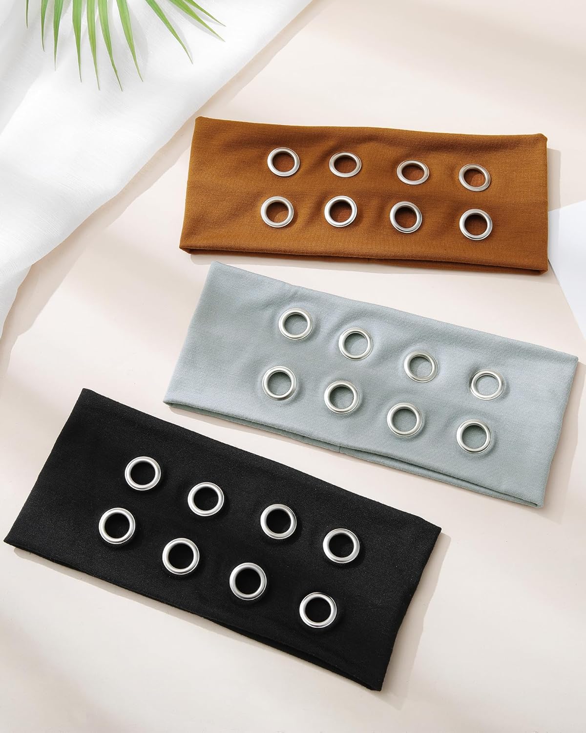 Fashion Grommet Wide Headbands for Women - Y2K Punk Grunge Style | 3 Pack in Black, Coffee, Light Gray (3.9" Wide)