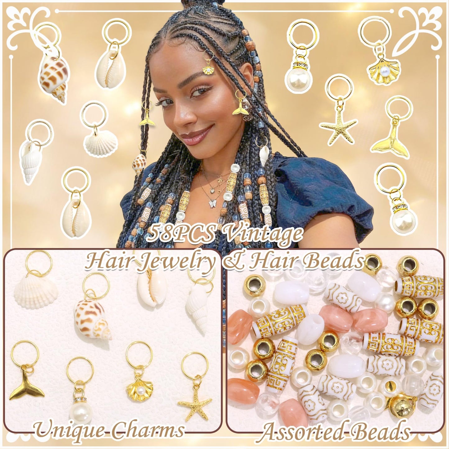 NAISKA 58PCS Gold Pink Hair Beads for Braids 15 Styles Women Hair Jewelry