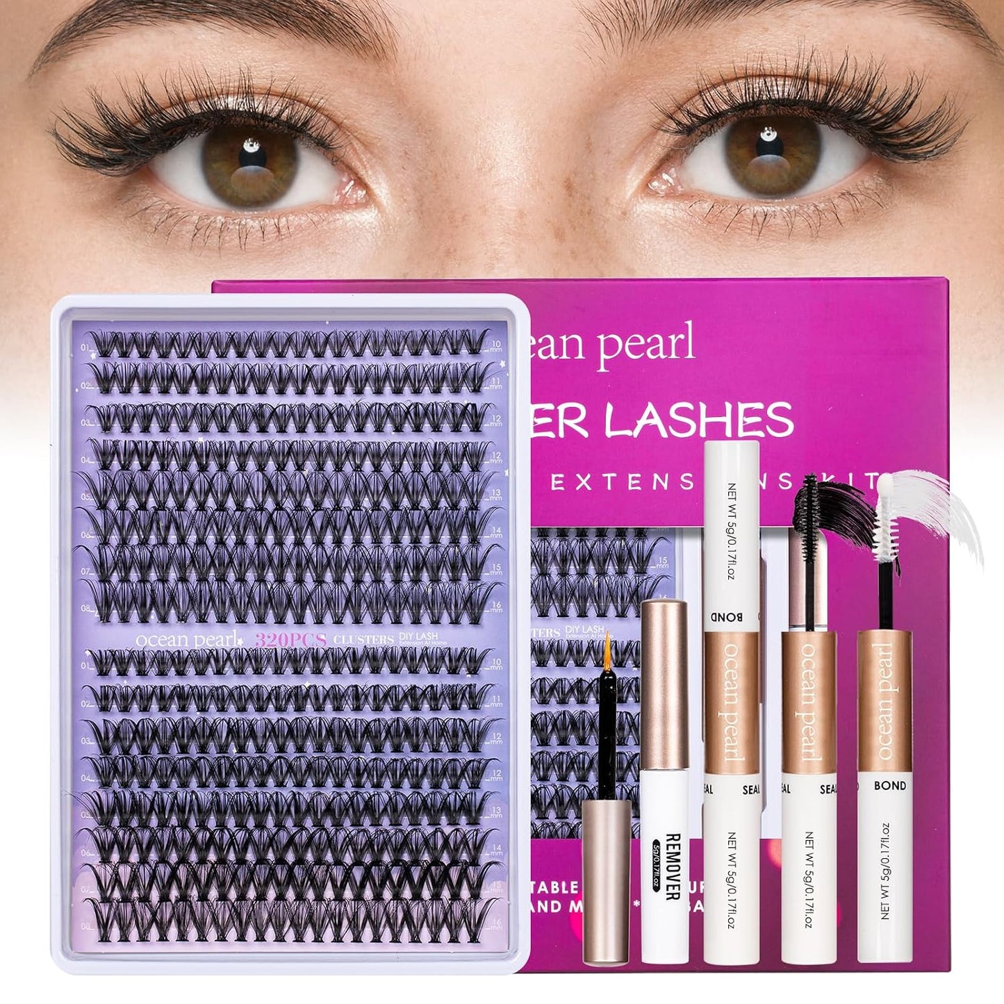 Ocean Pearl Lash Clusters - 320 Pcs 11-20mm Eyelash Extension Kit | 40D, 50D, 100D with Adhesive & Tweezers