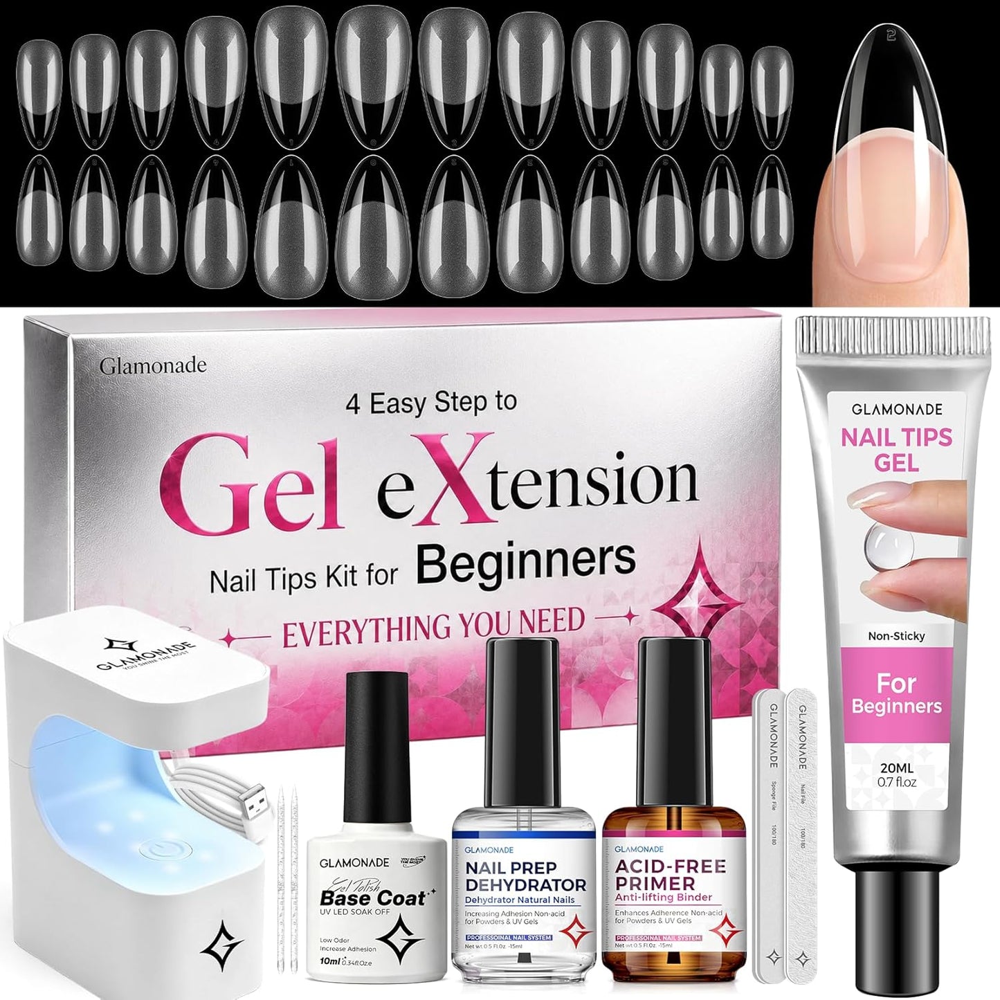 Nail Extension Starter Kit | Gel Tips Set for Beginners - Medium Almond 504 Pcs with Base Coat & UV Lamp