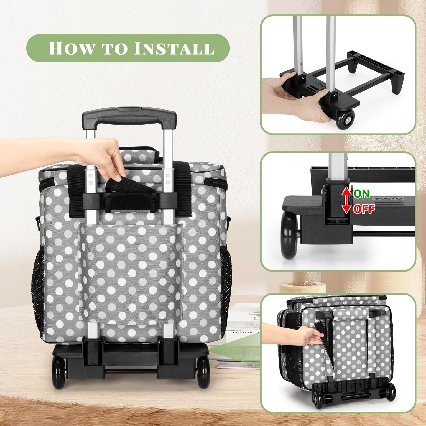 LUXJA Rolling Scrapbook Tote, Scrapbook Bag with Detachable Dolly (Patented Design), Gray Dots