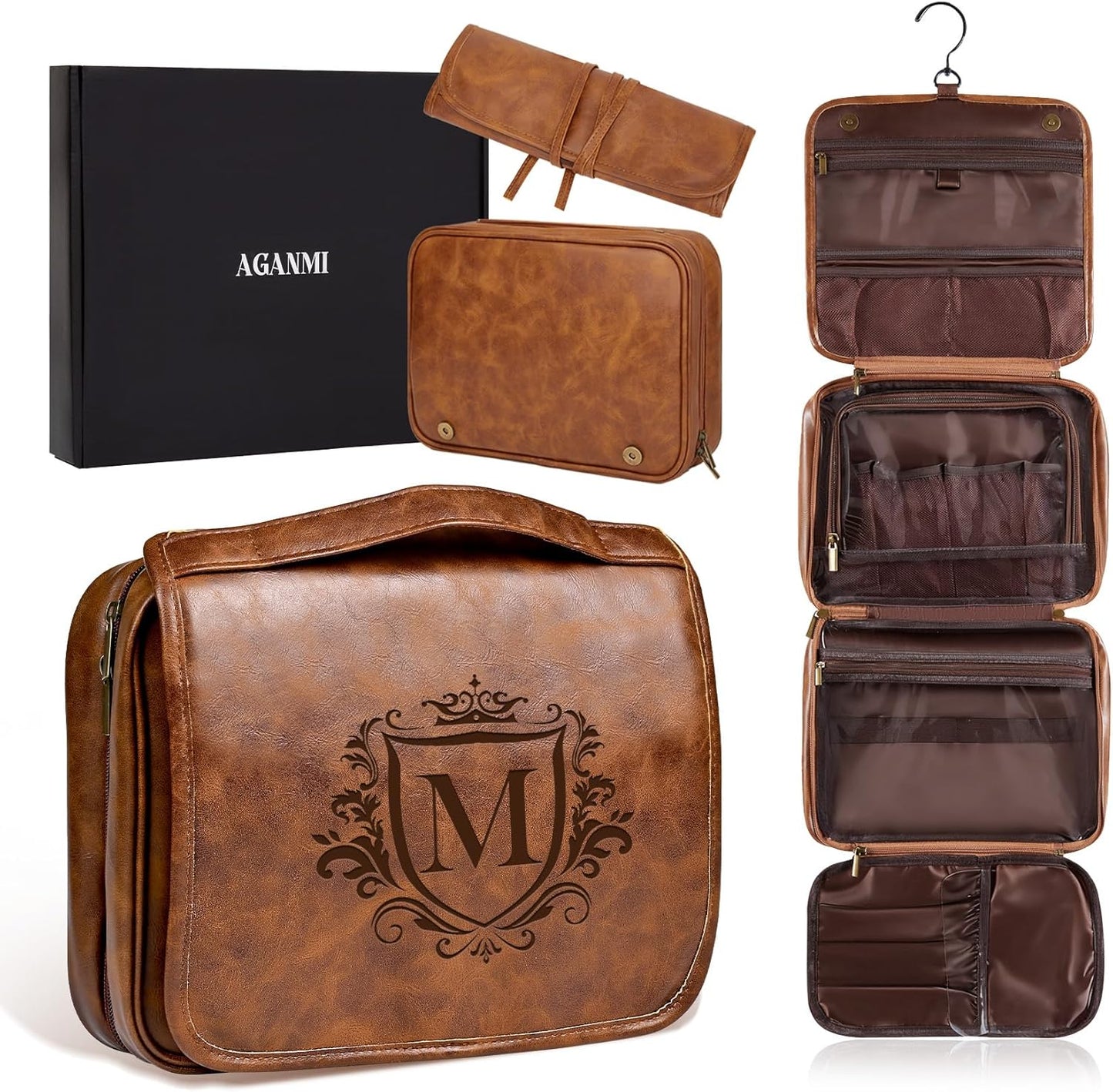 Personalized Toiletry Bag for Men - Large Waterproof PU Leather | 3-in-1 Shaving Kit with Laser-Engraved Initials - Light Brown M