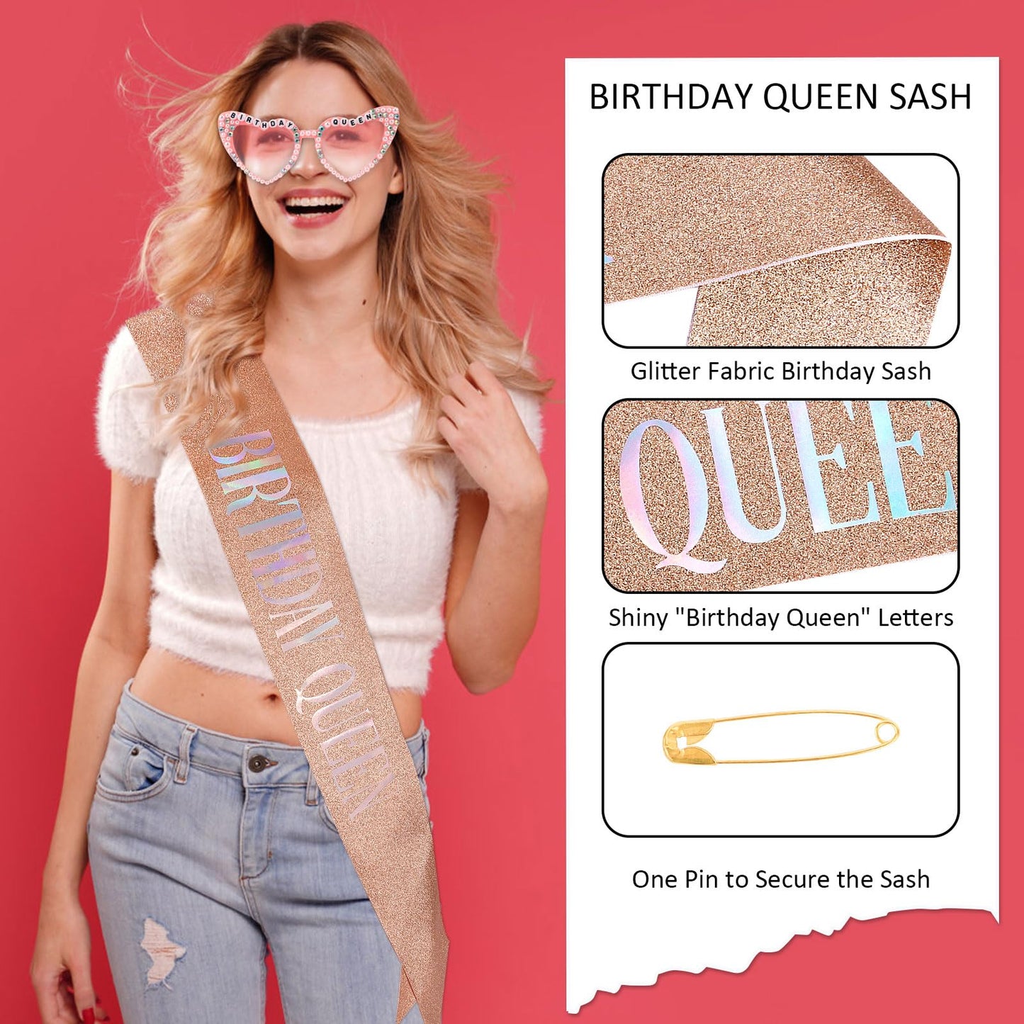Tihebax Birthday Sash for Women, Birthday Queen Sash with Glasses for Girls Women Birth Day Decorations Accessories for Girls Party Favors