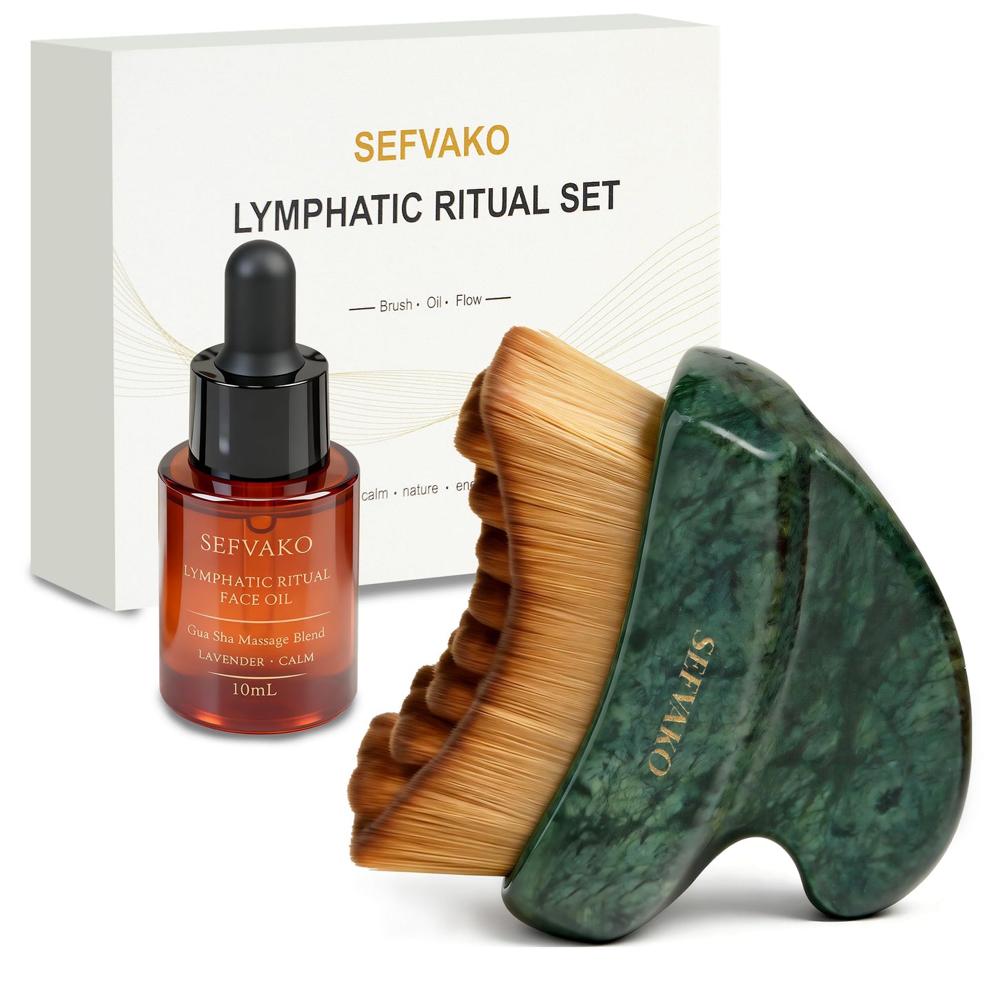Lymphatic Contour Face Brush Set with Gua Sha Face Oil, Dual-Ended Dry Brush+Jade Gua Sha Edge, 0.075mm Ultra-Soft Bristles Gua Sha Facial Tools, for Lymphatic Drainage, De-Puff, Sculpt, Smooth & Glow