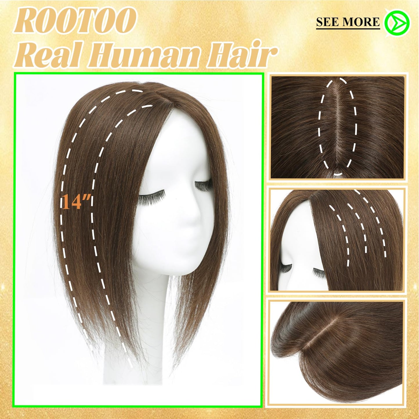 Hair Toppers for Women - Real Human Hair 14 Inch Clip-In Scalp Topper with Curtain Bangs | Medium Brown