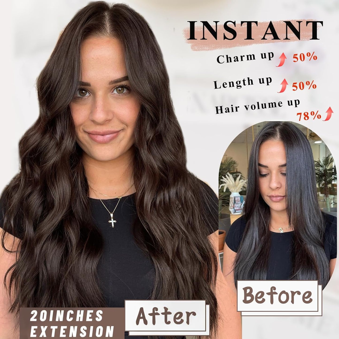 NAYOO 4PCS Brown Clip in Hair Extensions Long Wavy Curly Synthetic Thick Hairpieces for Women with Fiber Double Weft Hair Full Head（20 inch, Brown）