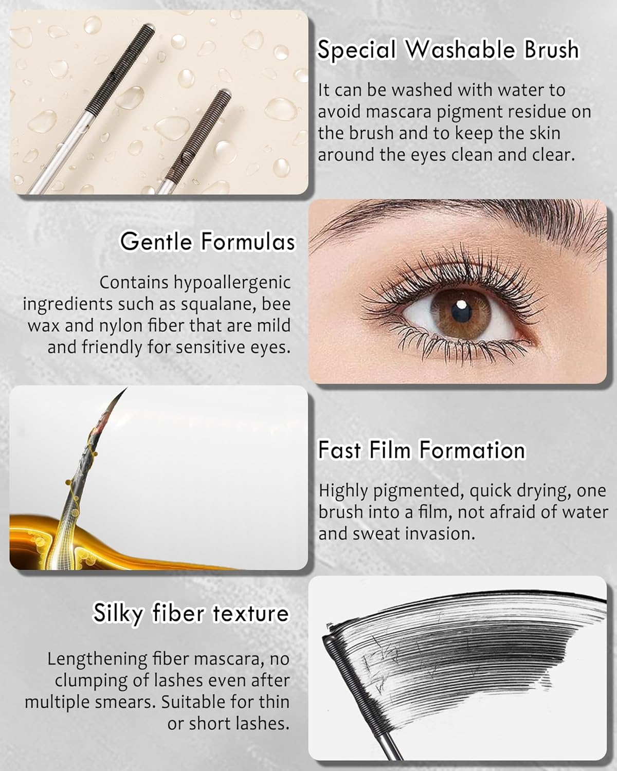 Washable Metal Rod Mascara - Black Waterproof Volume & Length | Long-Lasting Smudge-Proof Fiber Lash Makeup