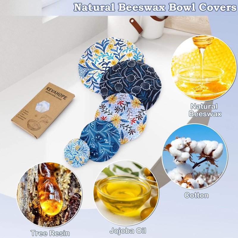 Revahope 5-Size Reusable Beeswax Bowl Covers for Bread Proofing, Cotton Cloth Flexible Beeswax Wraps for Food Storage(Blue Floral)