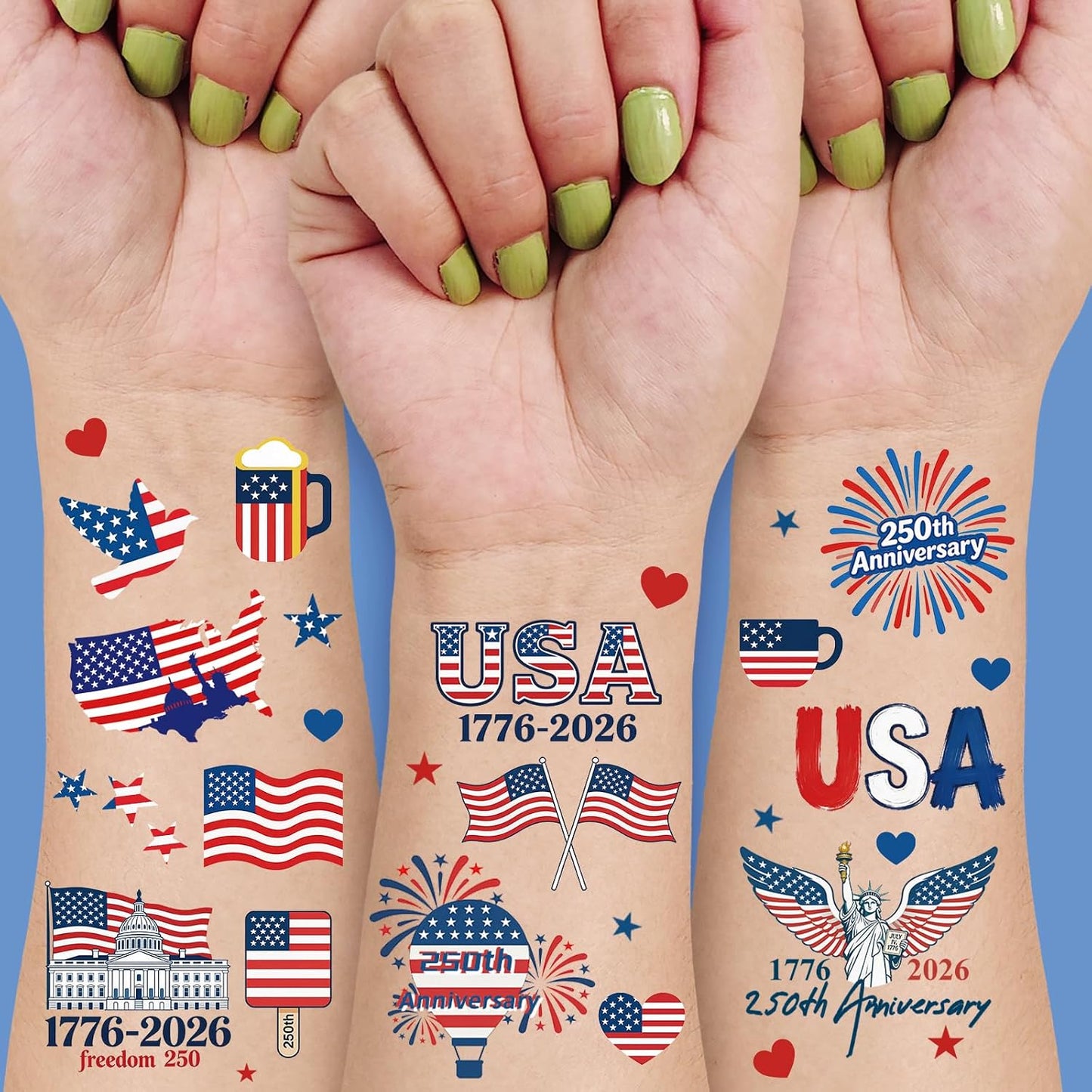 Temporary Tattoos - 250th Anniversary US Flag Designs | 80 Patriotic Stickers for Teens & Adults