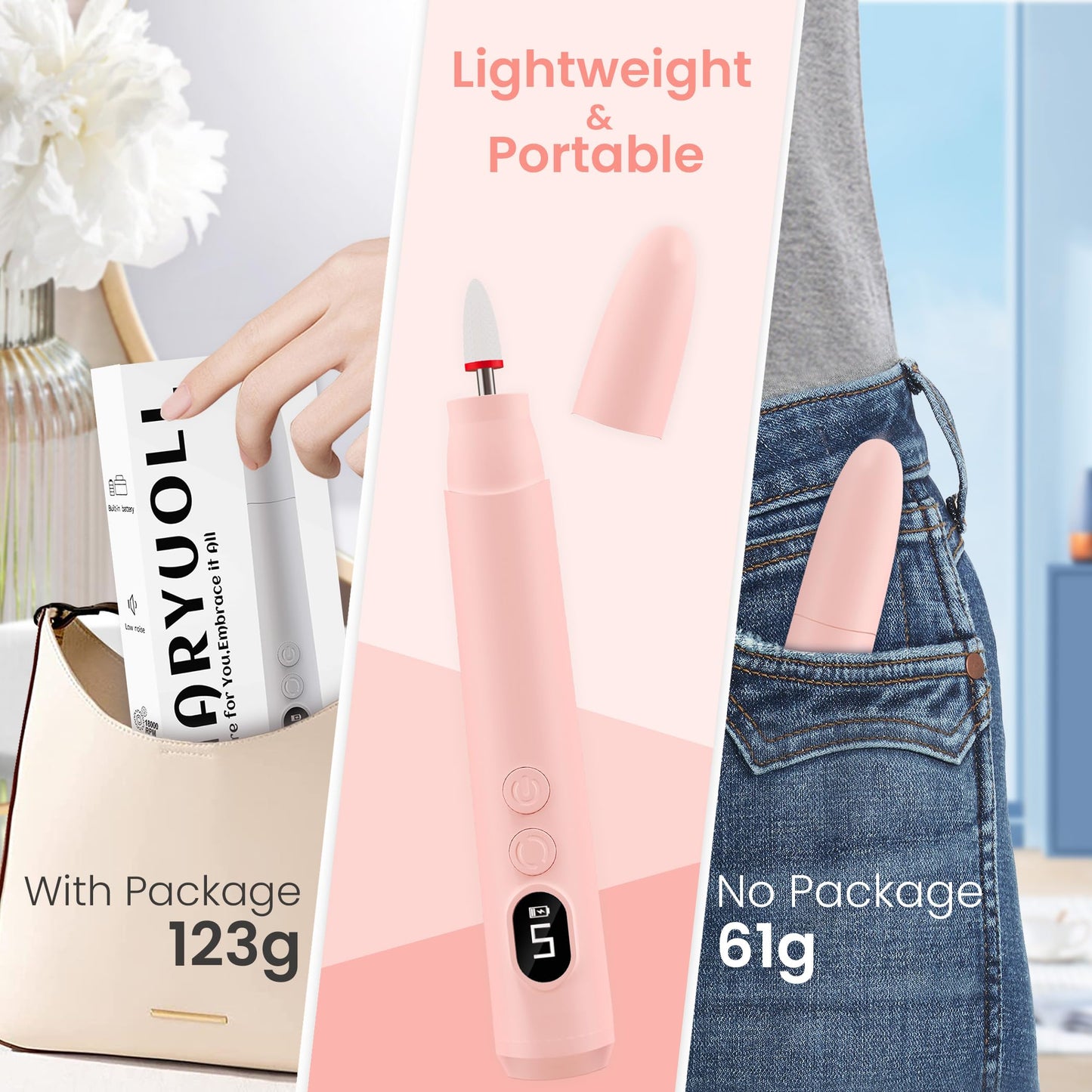 KIARYUOLL Cordless Electric Nail Drill Kit, Portable Rechargeable Nail Drill Set, Battery Electric Nail File, 5 Speeds Modes, LED Lighting, Reversible Direction, DIY, Professional (Pink)