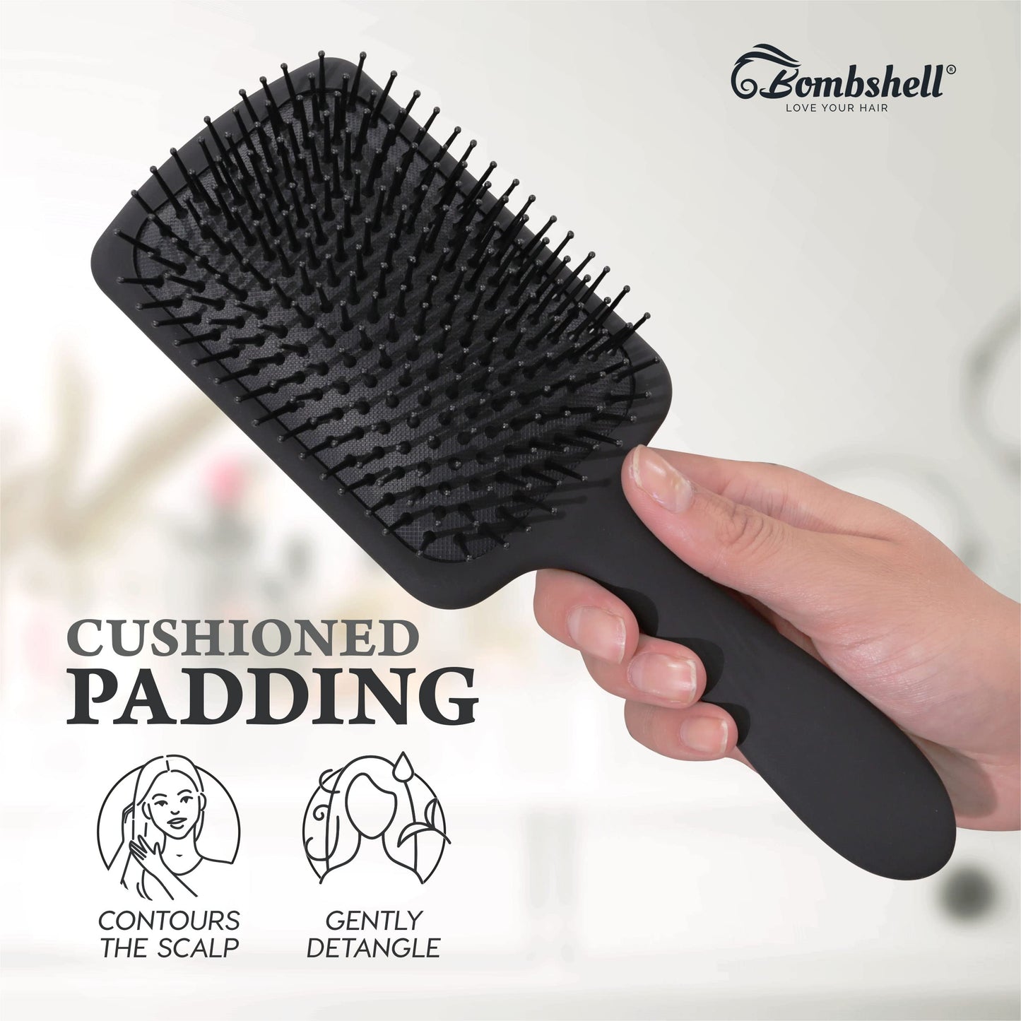Bombshell Static-Free Cushioned Hair Brush — Finest Bristles, Soft Touch, Anti-Slip for Blow Drying, Styling, Straightening (Large)