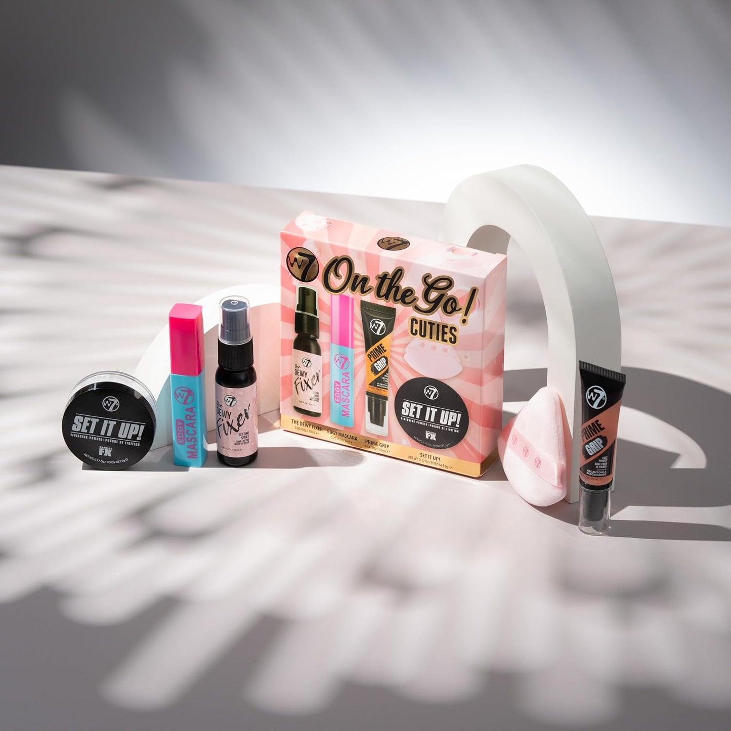 W7 On the Go Cuties Set | Mini Makeup Essentials with Primer, Mascara & Setting Spray - Travel Size Beauty Kit