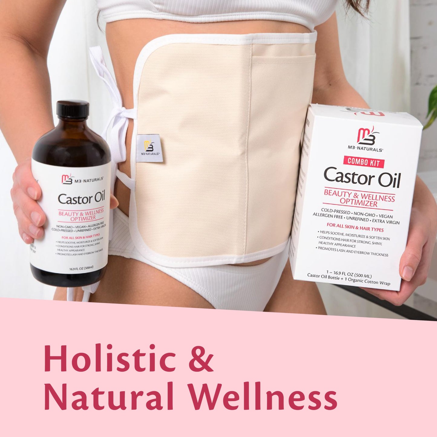 Pure Castor Oil Pack Kit, Large Hexane-Free Cold-Pressed in Glass Bottle with Adjustable Reusable Organic Cotton Wrap for Detox and Wellness (1 of Each) by M3 Naturals