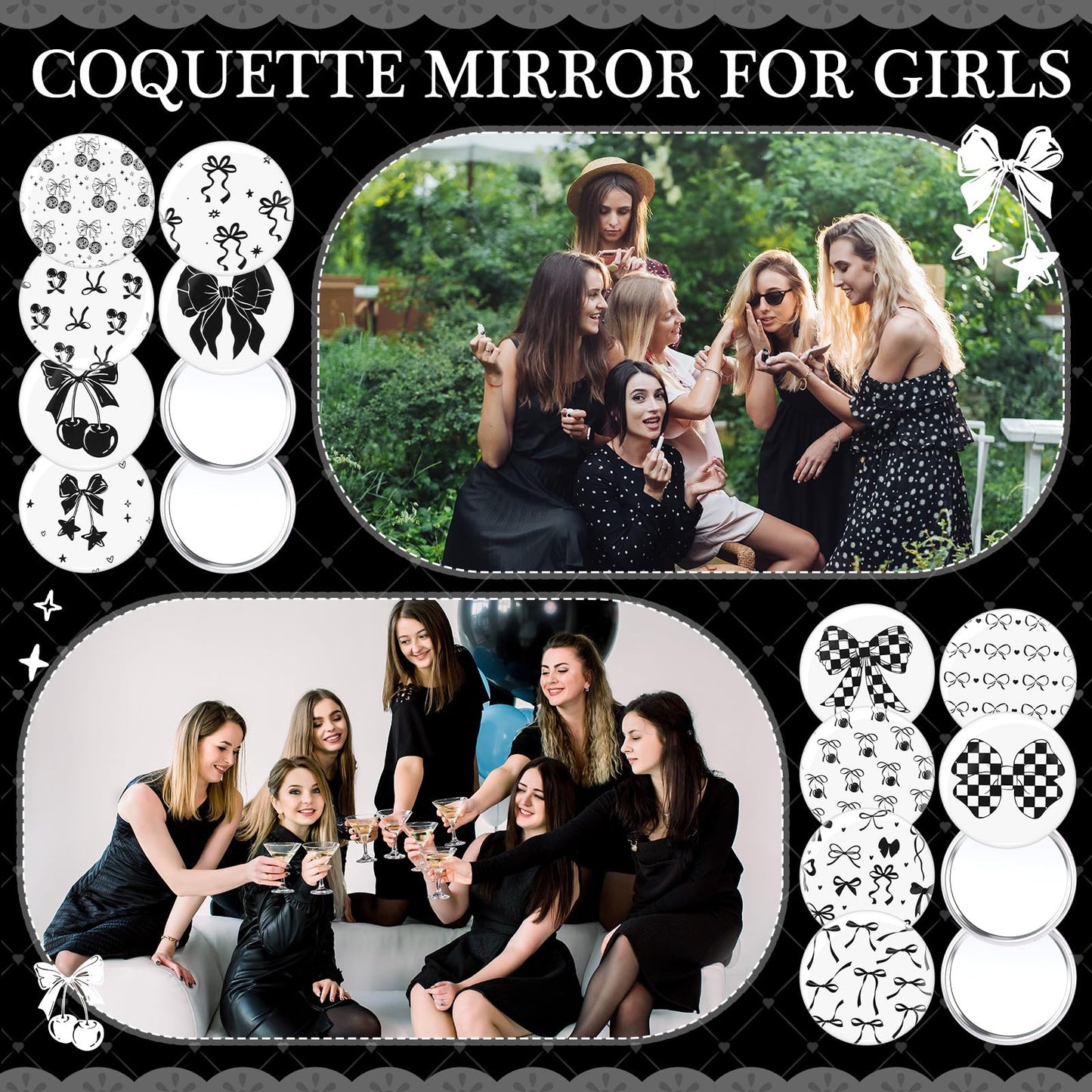 Cinnvoice 12 Pcs Bow Party Favors Mini Compact Mirror Bulk Coquette Aesthetic Little Pocket Mirrors Bow Keepsake Gifts for Women Girl Birthday Wedding Bridal Baby Shower Party Favors(Black and White)