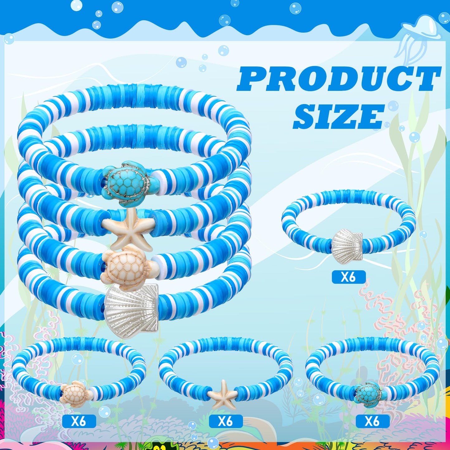 Huquary 24 Pcs Under the Sea Party Favors Ocean Polymer Clay Beaded Bracelets Bulk Shell Turtle Starfish Ankle Bracelets for Under the Sea Themed Birthday Summer Beach Party Supplies