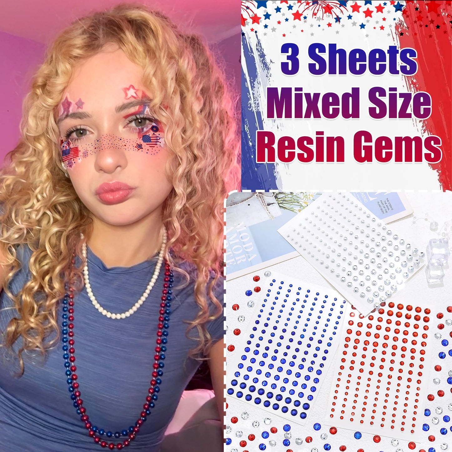 RODAKY Blue Red Face Gems 4th of July Temporary Tattoos Sticker Mixed Size Rhinestones Gems Sparkle Patches for Festival Make Up Women Girls