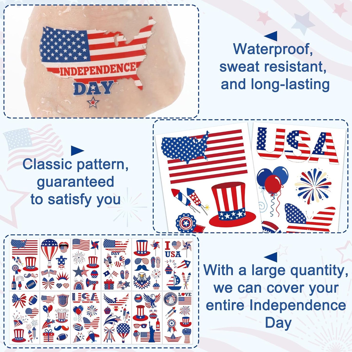 Fourth of July Tattoos for Kids - 106 PCS Patriotic Temporary Stickers | American Flag Red, White & Blue Decor