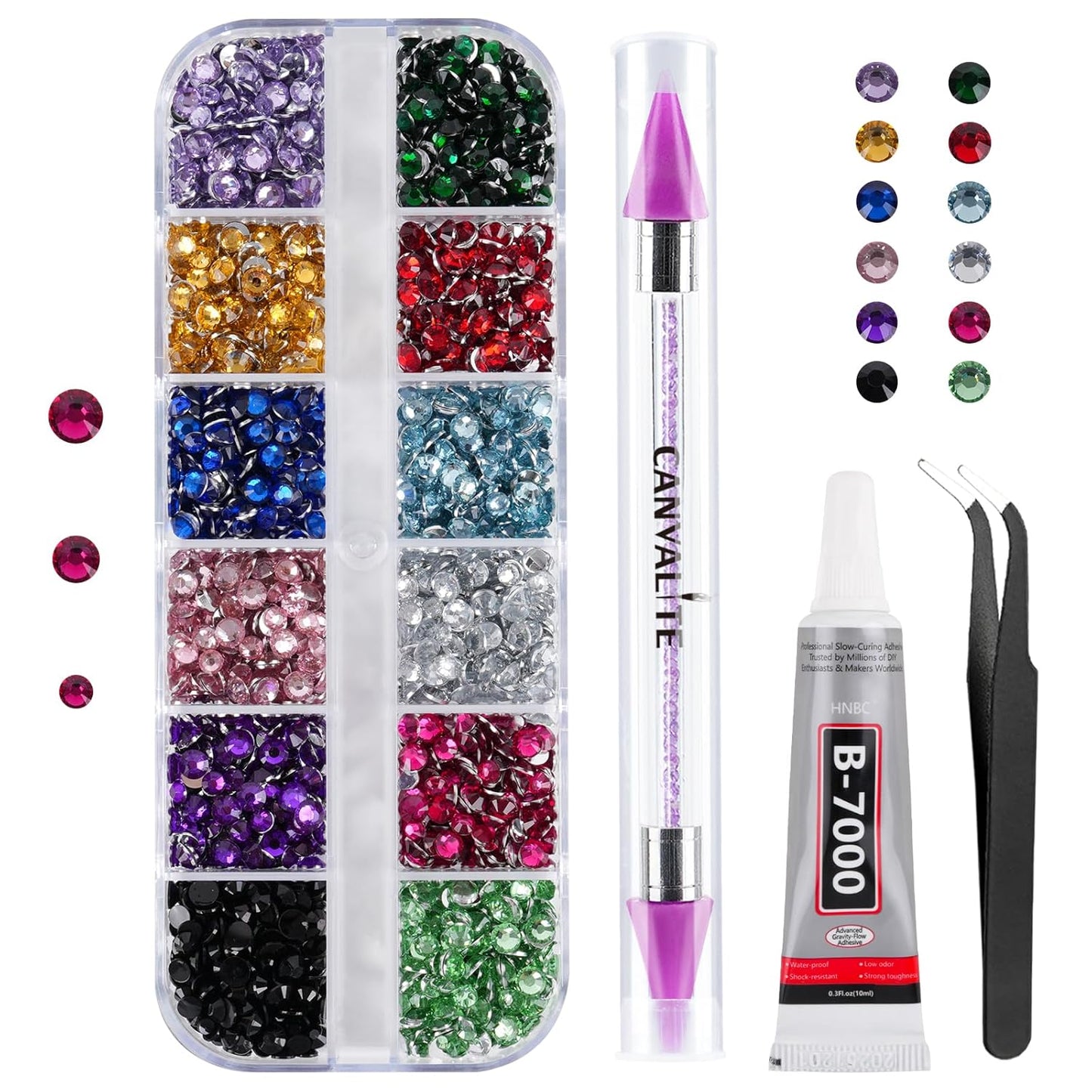 Canvalite 35000Pcs Multicolor Flatback Rhinestones - 3mm Bedazzling Kit with Glue & Tools for Crafting