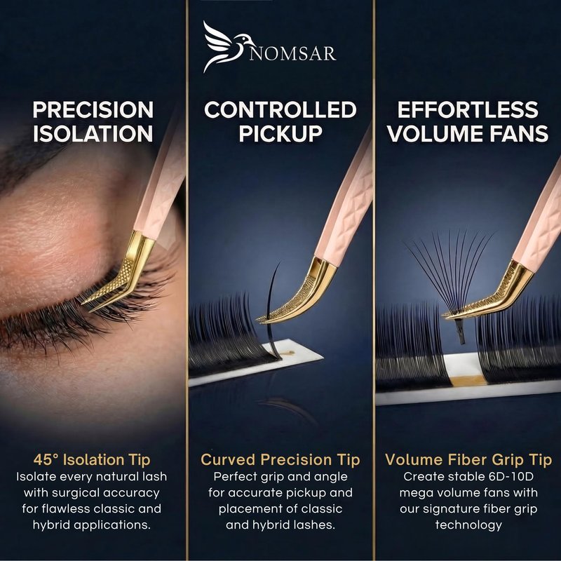 NOMSAR Professional Lash Extension Tweezers Set – Fiber Tip lash Tweezers with Diamond Grip | Stainless Steel Eyelash Extension Tweezers for Volume & Isolation | Lash Tweezers for Lash Artists (Peach)