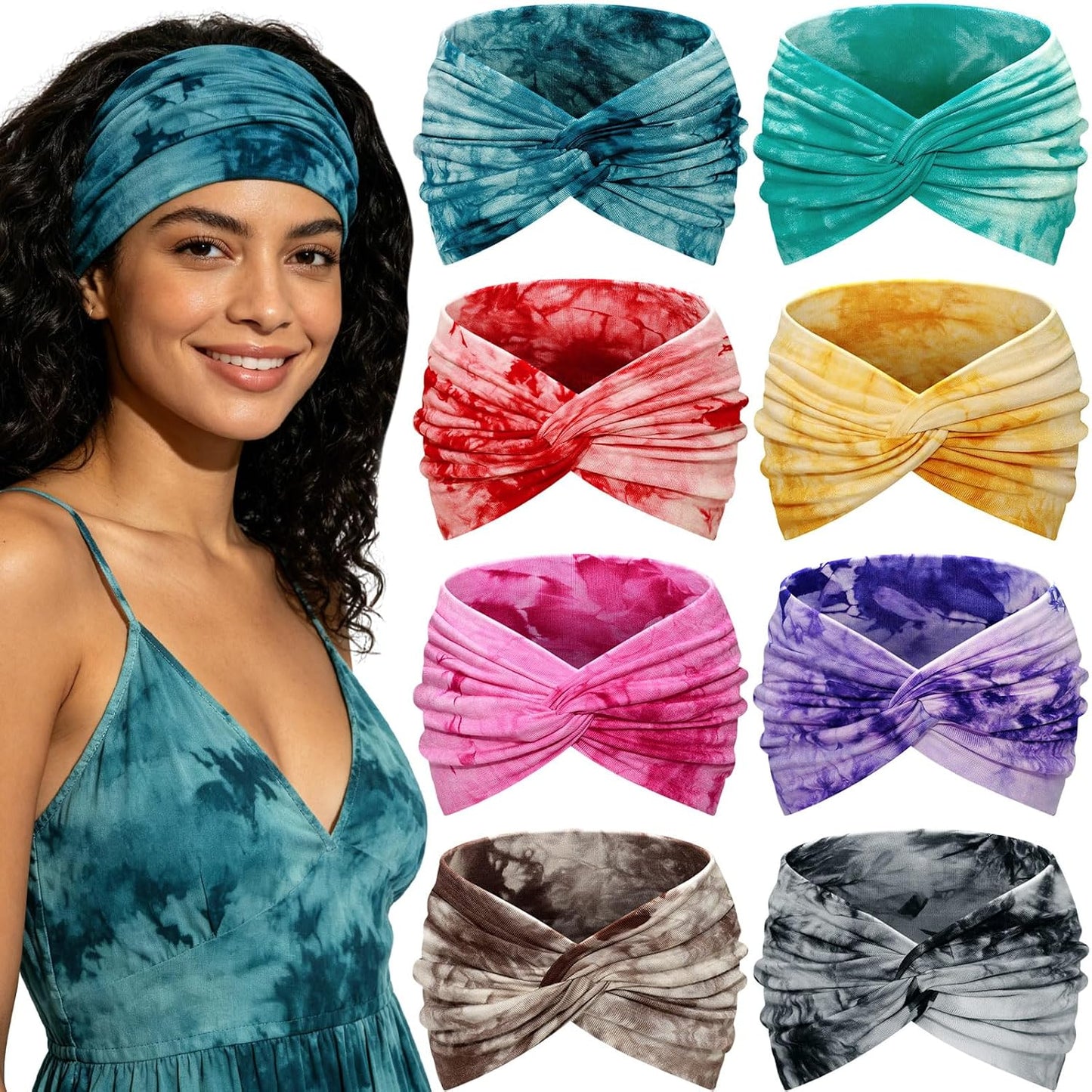 Wide Headbands for Women - 7.08 Inch Thick Boho Turban Hair Wraps | Non-Slip, Moisture-Wicking, 8 Pack Multi Colors