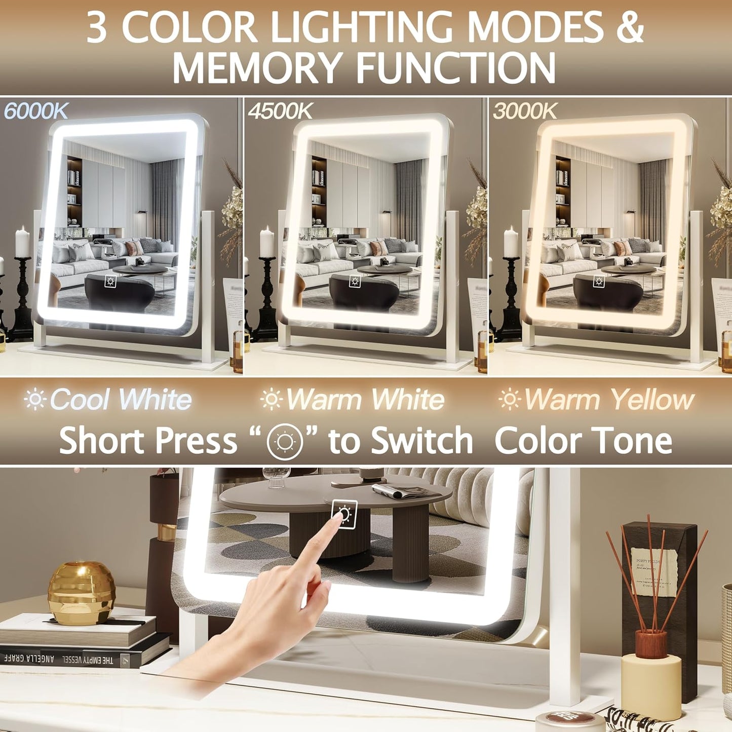 Lighted Vanity Mirror - Dimmable Makeup Mirror with 3 Color Smart Touch Control | 15"x13" HD Glass, 360° Rotation, Aluminum Frame