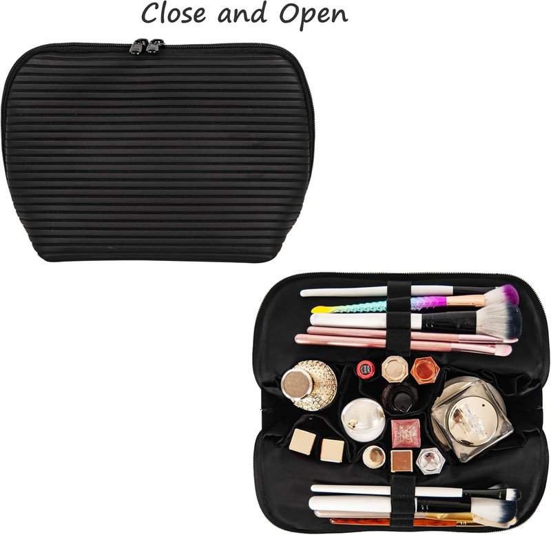 Travel Makeup Bag - Waterproof Stand Up Cosmetic Organizer with Brush Holders | Medium Black Design for Skincare & Toiletries
