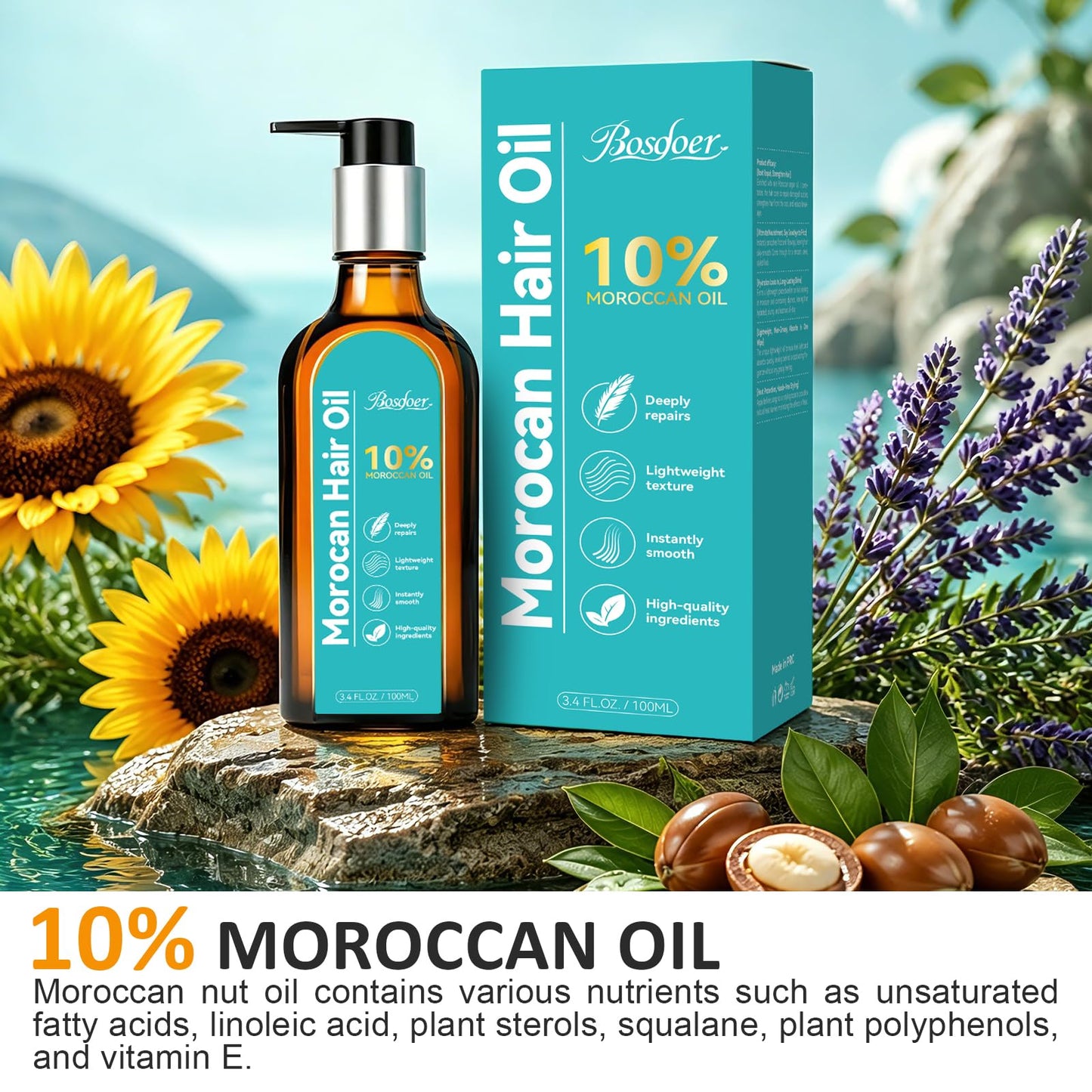 Bosdoer Moroccan Hair Oil-10% Pure Argan Oil for Dry Damaged Hair