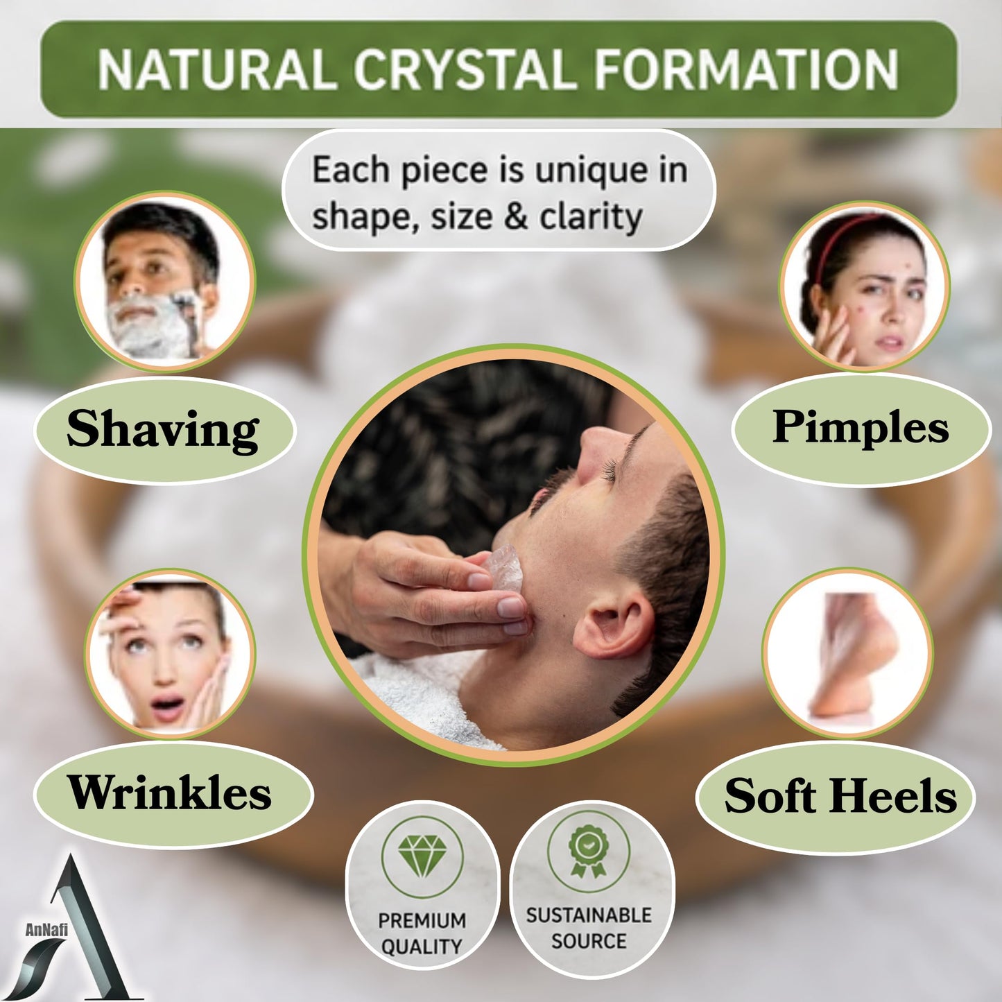 AnNafi® Natural Alum Stone Block | White Alum Crystal Rock | Phitkari Stone | Piedra de Alumbre | Tawas Mineral Crystal Chunks | Traditional Grooming & Household Mineral Stone 1000 Grams (35 OZ)