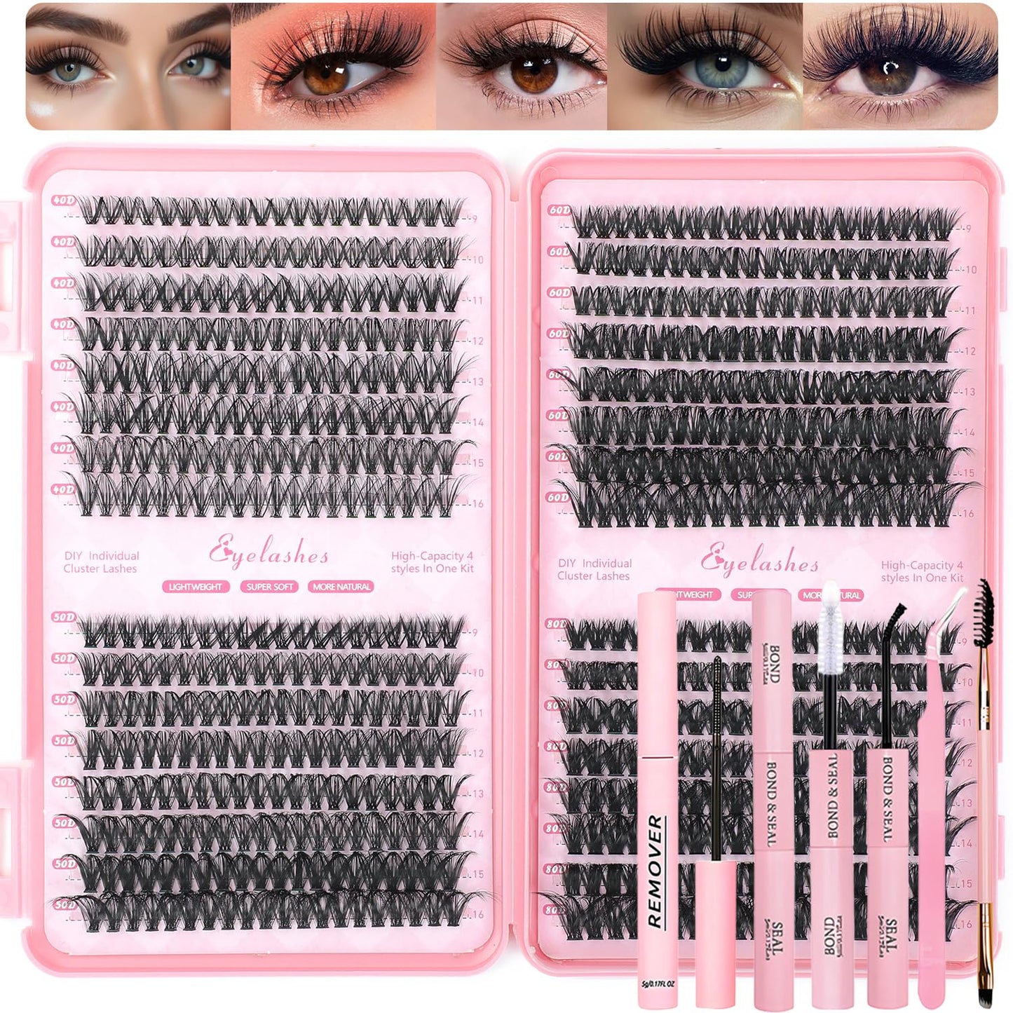 Lash Clusters Kit - 640 Pcs Fluffy Wispy Individual Eyelashes 9-16mm D Curl | Thin Band with Tweezers & Bond Seal