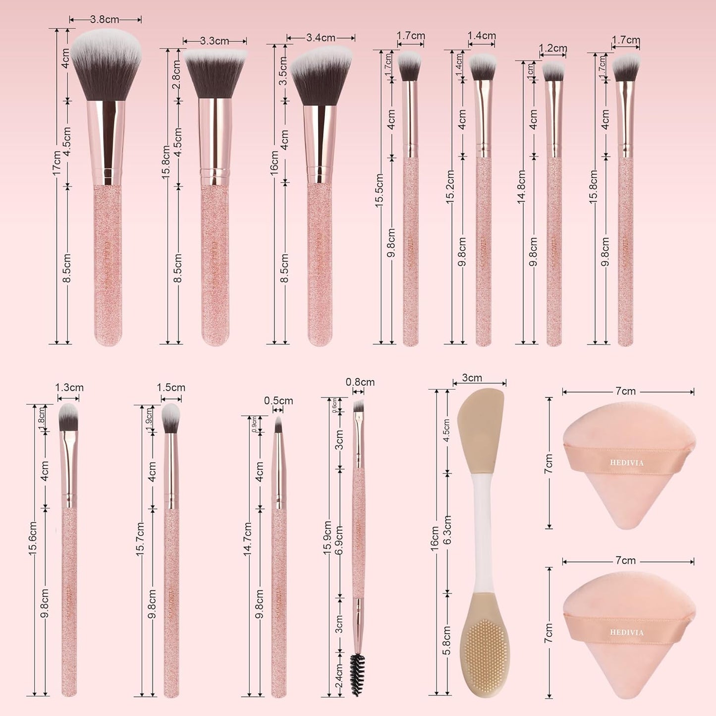 Professional Pink Makeup Brushes Set - 14 Pcs Synthetic Foundation, Concealer & Eyeshadow Brushes | Includes 2 Powder Puffs & Dual-Ended Mask Applicator