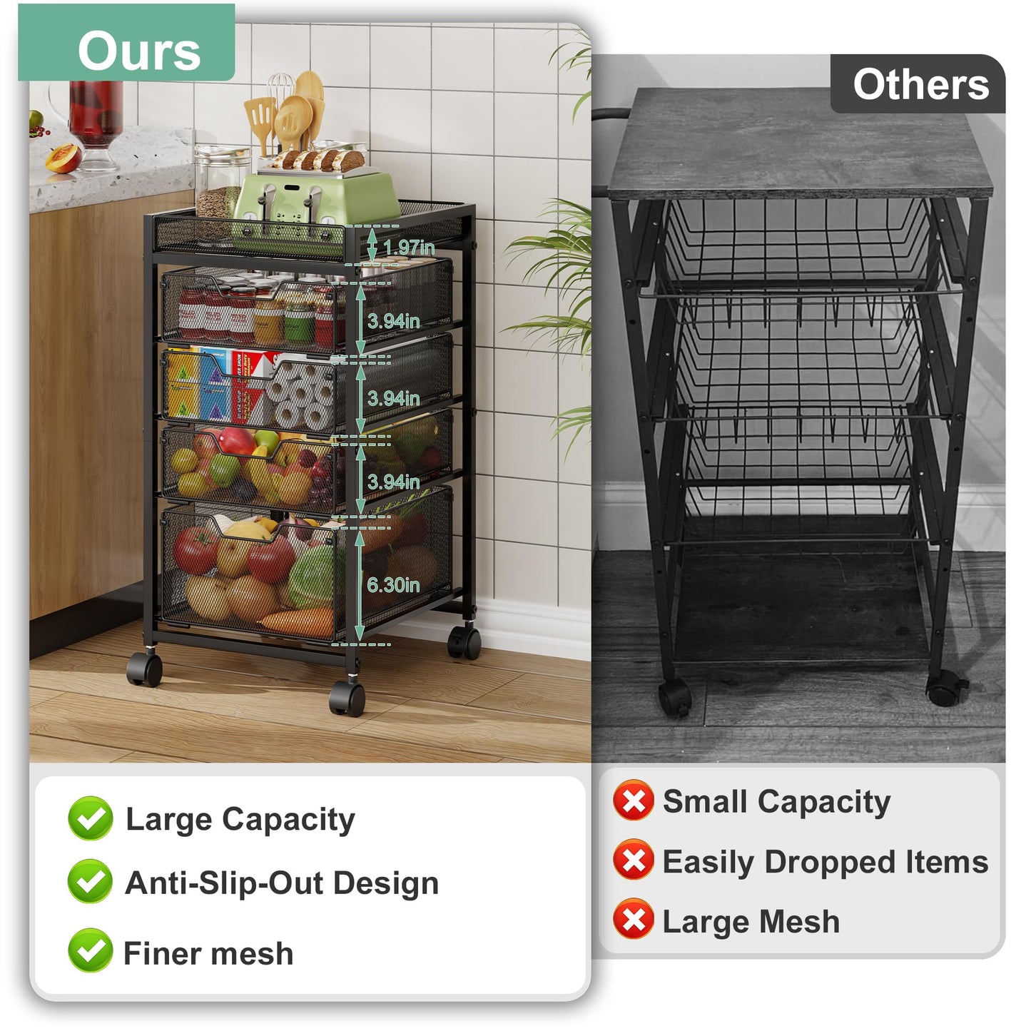keomaisyto 5-Tier Kitchen Storage Cart with Top Basket & Drawers, Fruit and Vegetable Storage Rack on Wheels, Metal Rolling Cart with Drawers & Kitchen Organization for Snacks, Potatoes, Onions, Cans