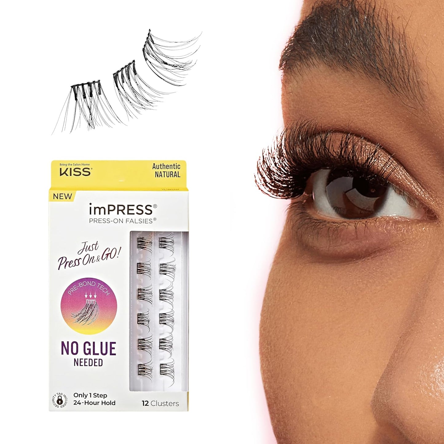Kiss Impress Falsies Eyelashes - Self-Adhesive Natural Volume Lashes, 12mm-14mm, Black | No Glue, Invisible Band, 12 Clusters