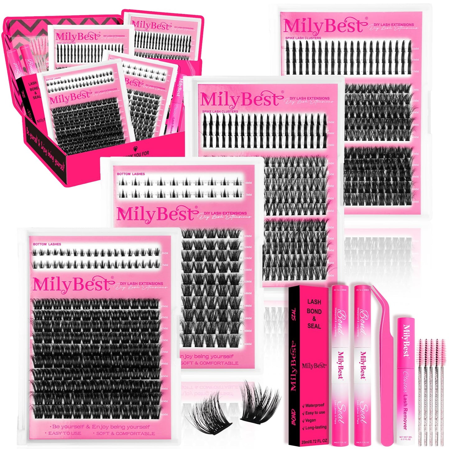 MilyBest Lash Clusters Kit 808Pcs Eyelash Clusters with Spikes and Bottom Lashes Clusters D Curl 4 Styles Lash Kit Fluffy DIY Individual Eyelashes Glue Wispy Cluster Eyelash Extensions Kit De Pestañas