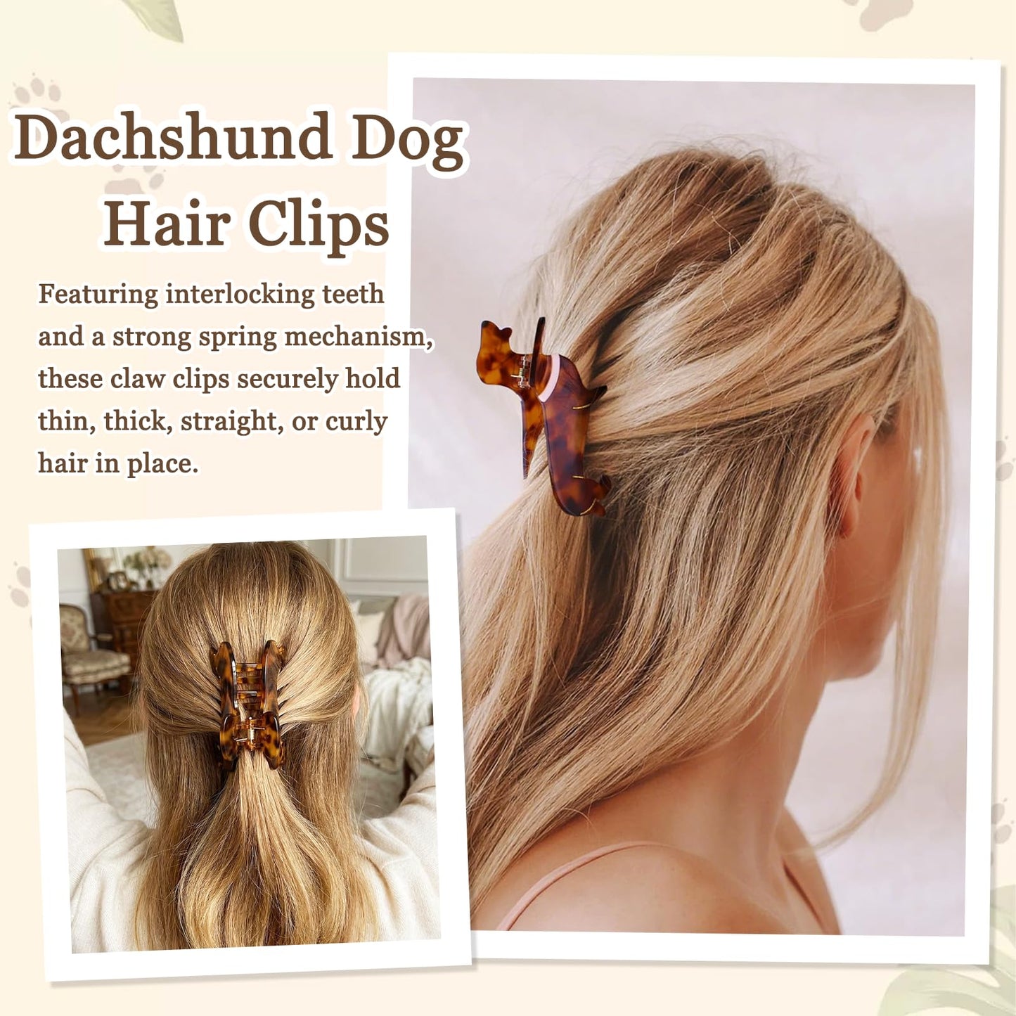 2 Pcs Dachshund Dog Hair Clips for Women - Acetate Non-Slip Claw Clips, Cute Pet Lover Gifts for Christmas & Birthday, Stylish Hair Accessories for Straight/Curly Hair