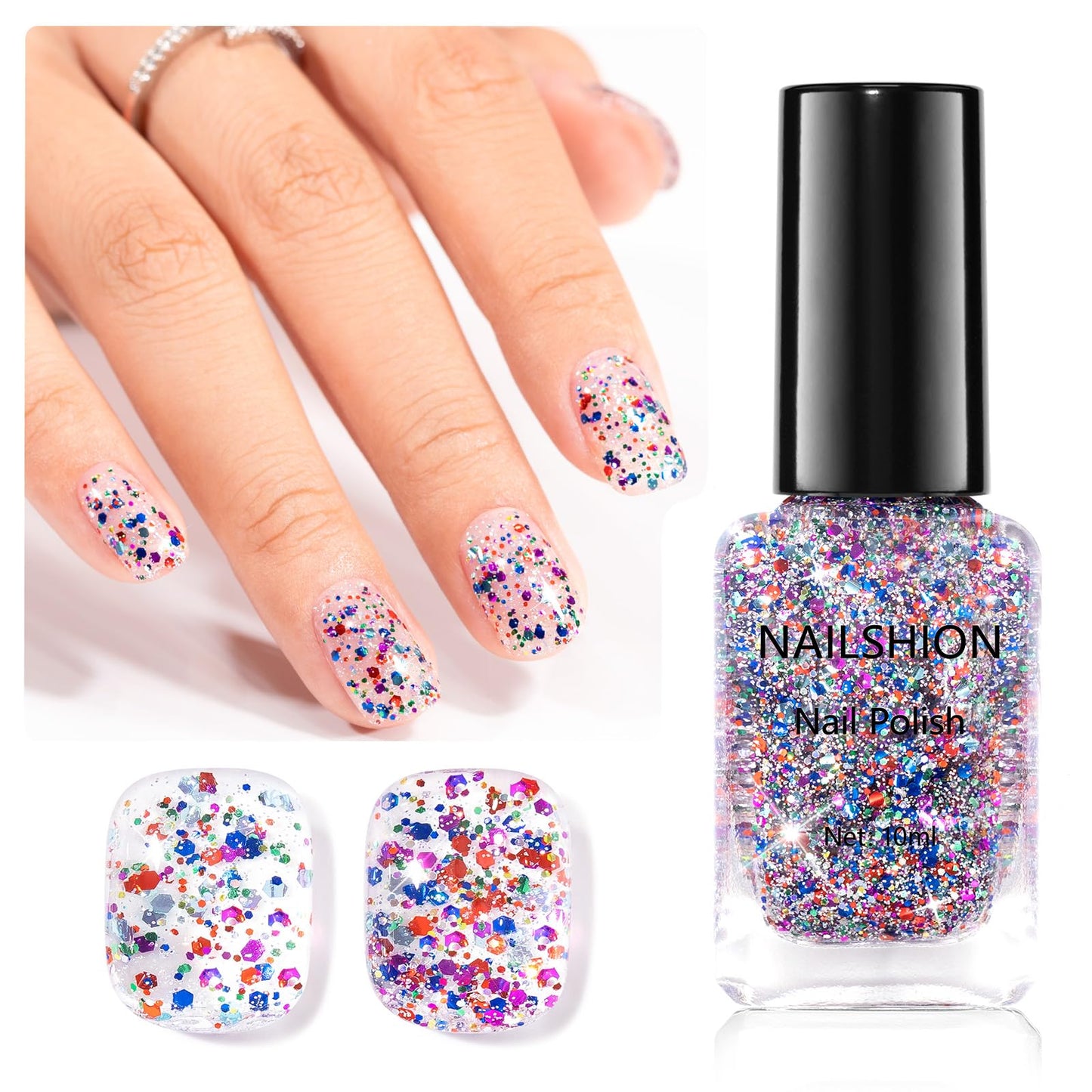 Nailshion Sparkle Nail Polish, Glitter Purple Blue Red Fast Dry, Vegan