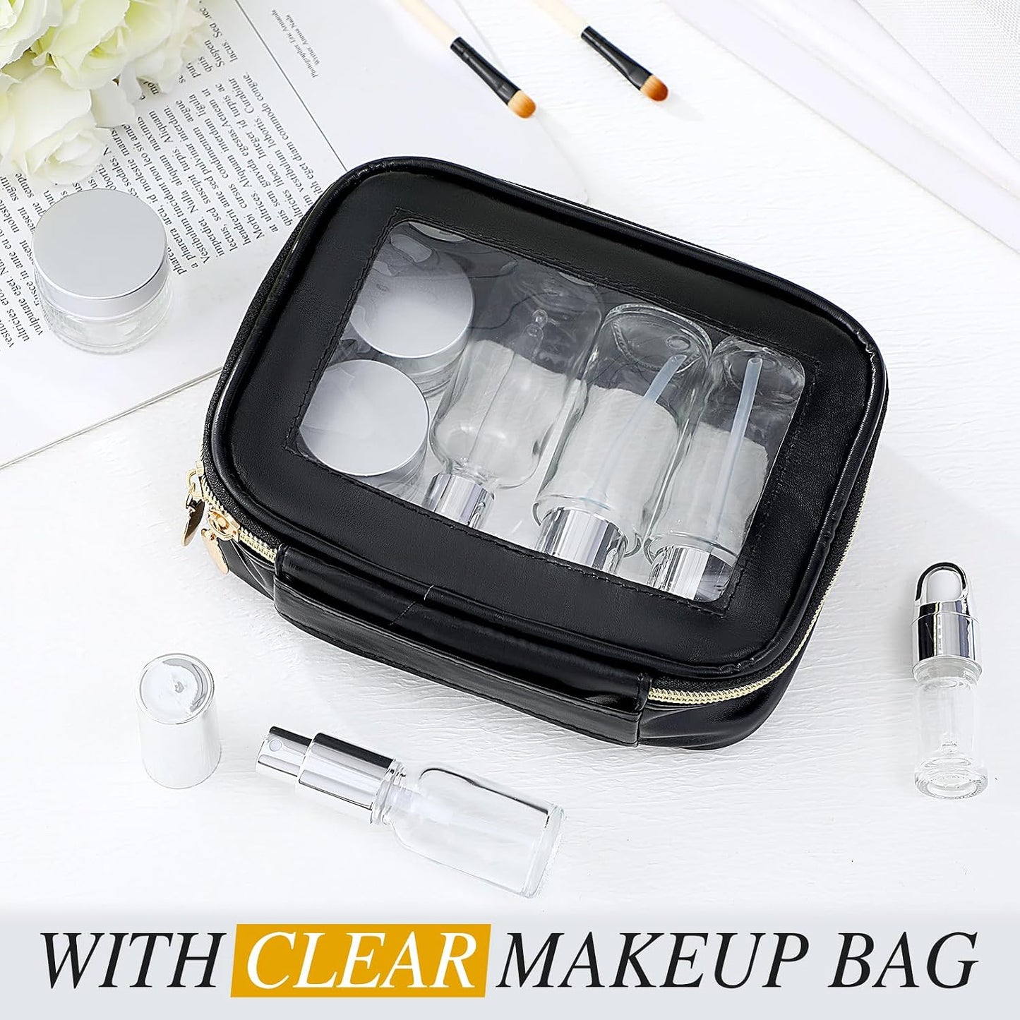 Glass Skincare Travel Containers Set - 13 Pcs Mini Makeup Bottles with Pump Spray & PU Leather Bag | Silver
