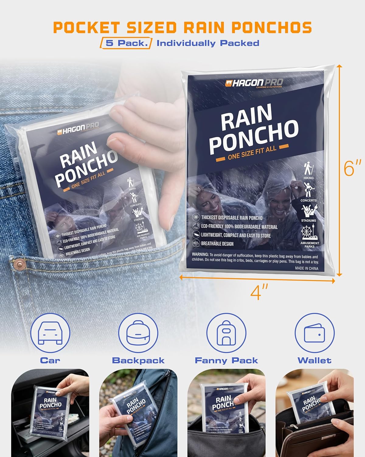 Disposable Rain Ponchos for Adults - Hagon PRO 5 Pack | Lightweight & Waterproof