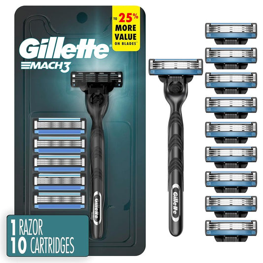 Gillette Mach3 Shaving Razor for Men - 3-Blade Handle & 10 Blade Refills | Smooth Grooming Experience