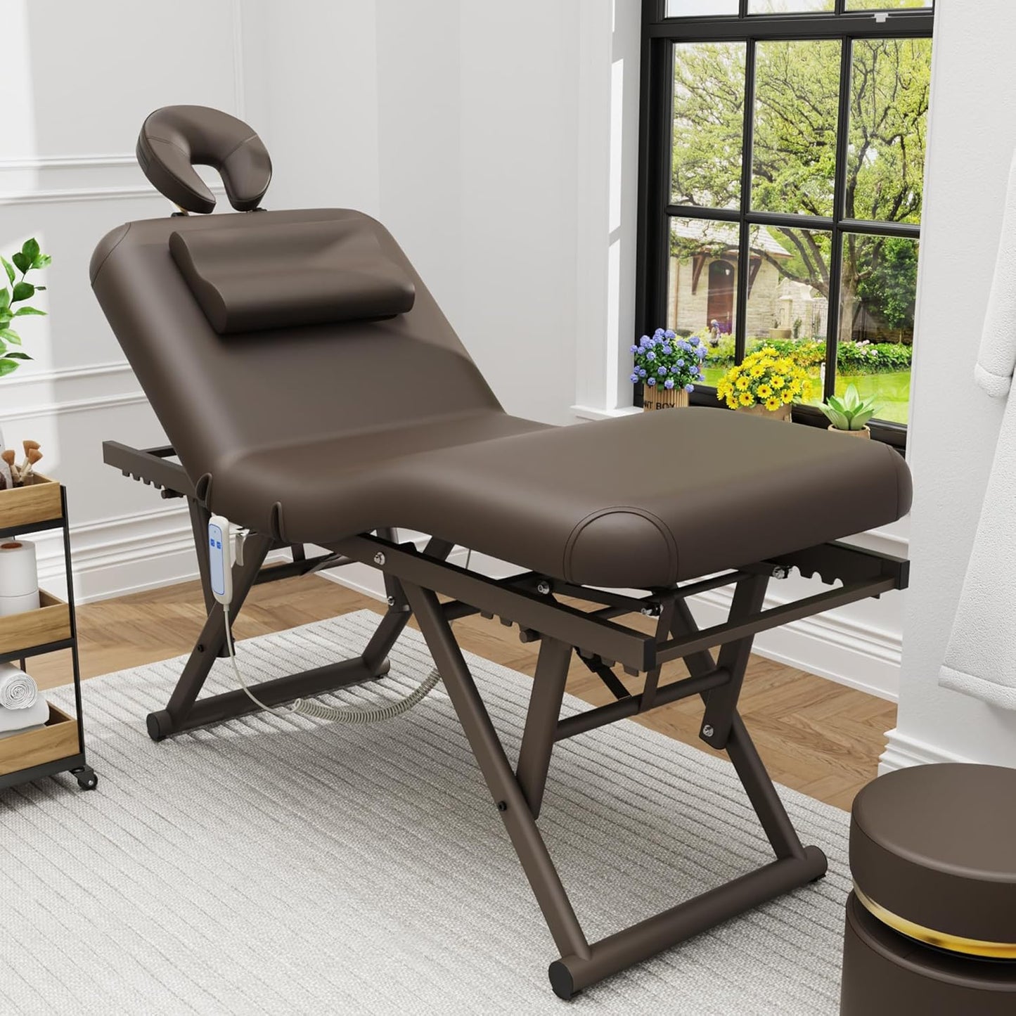 Adjustable Massage Table - Manual Height & Backrest Control, Face Pillow & Headrest | Brown Spa Treatment Bed