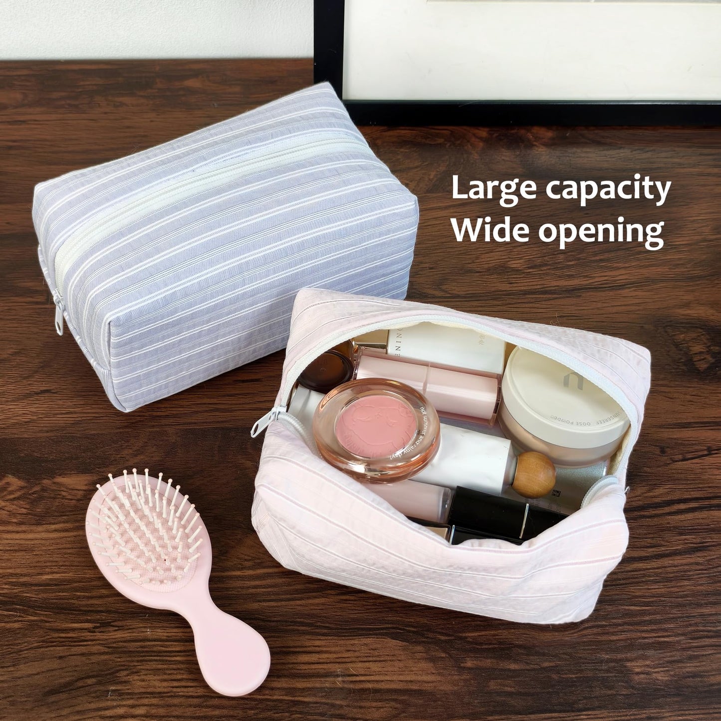 STARDW Striped Cotton Makeup Bag, Cute Cosmetic Pouch with Canvas Lining & Zipper, Travel Toiletry Bag
