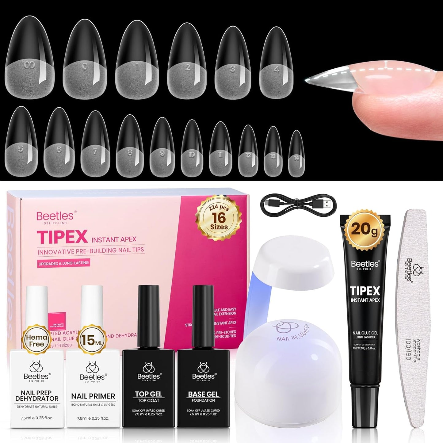 Apex Nail Tips - Long Coffin Shape, 192pcs in 16 Sizes 00-14 | Thicker Acrylic for DIY Salon Extensions