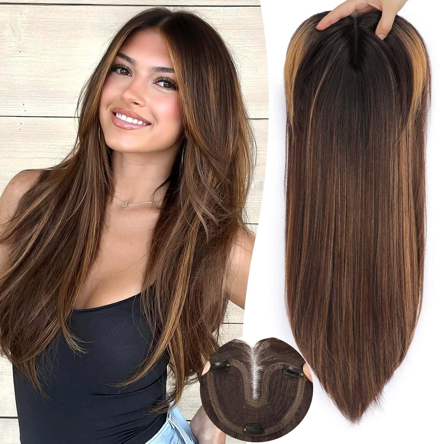 Ash Blonde Synthetic Hair Toppers with Platinum Highlights - 18" Long, 5x6" Base for Thinning Hair, Clip-In Wispy Bangs
