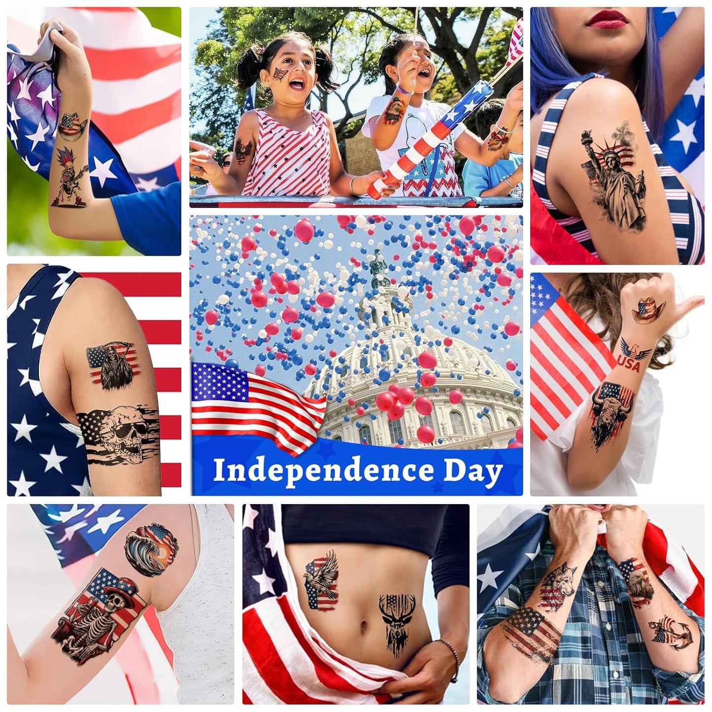 Independence Day Temporary Tattoos - USA Flag Waterproof Fake Tattoos | 77 Sheets for 4th of July, Memorial Day & Veterans Day