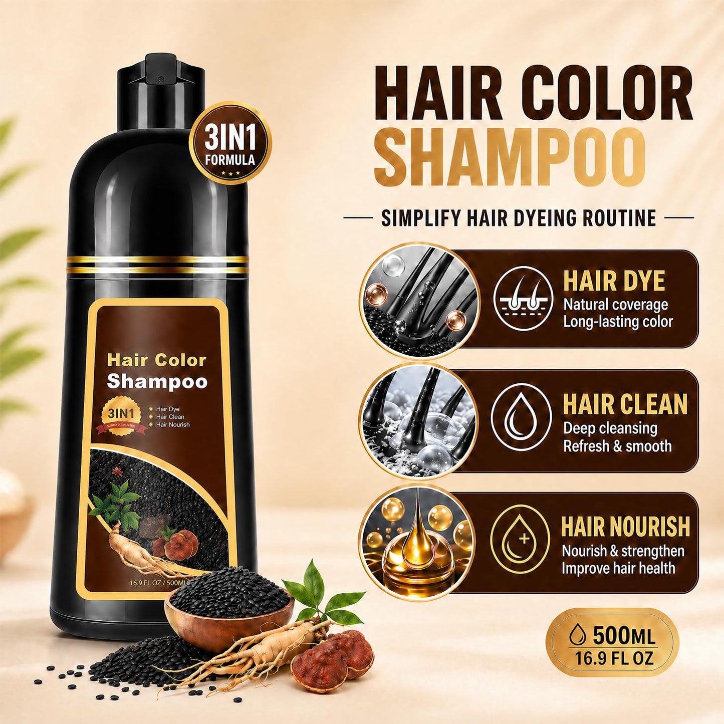 Brown Hair Dye Shampoo - 3 in 1 Instant Color Treatment | Semi-Permanent, Easy to Use, 16.90 Fl Oz