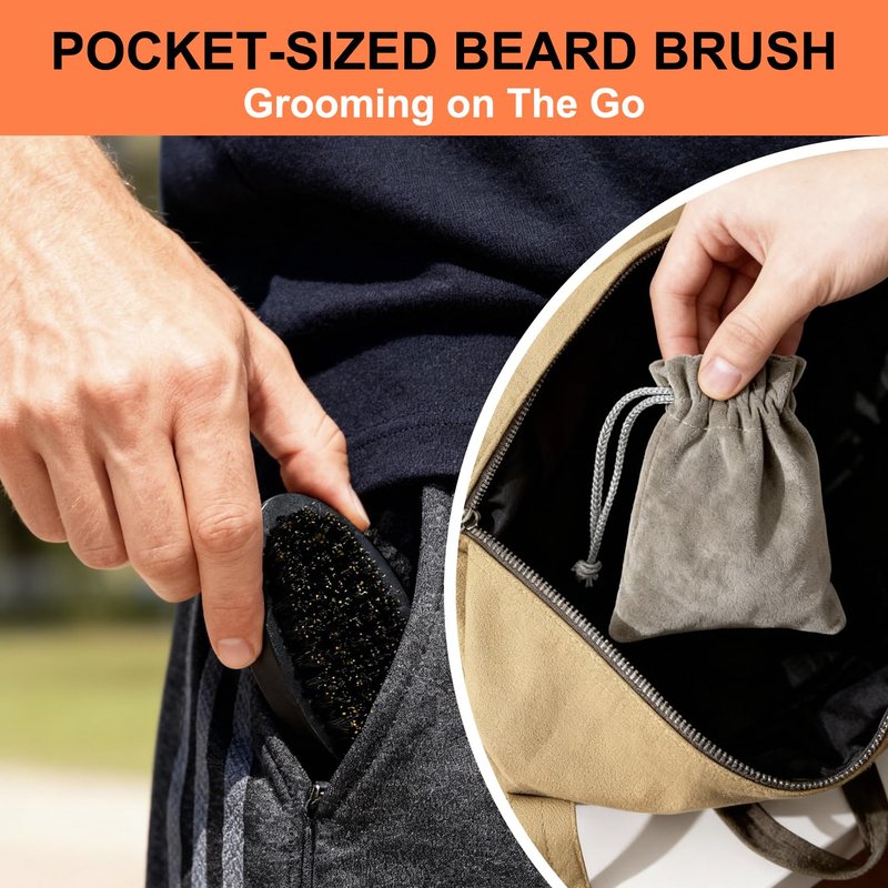 Travel Beard Brush for Men - Natural Boar Bristle Hair Brush, Mini Soft Beard Brush for Pocket Travel Men's Wooden Grooming Brush with Bag
